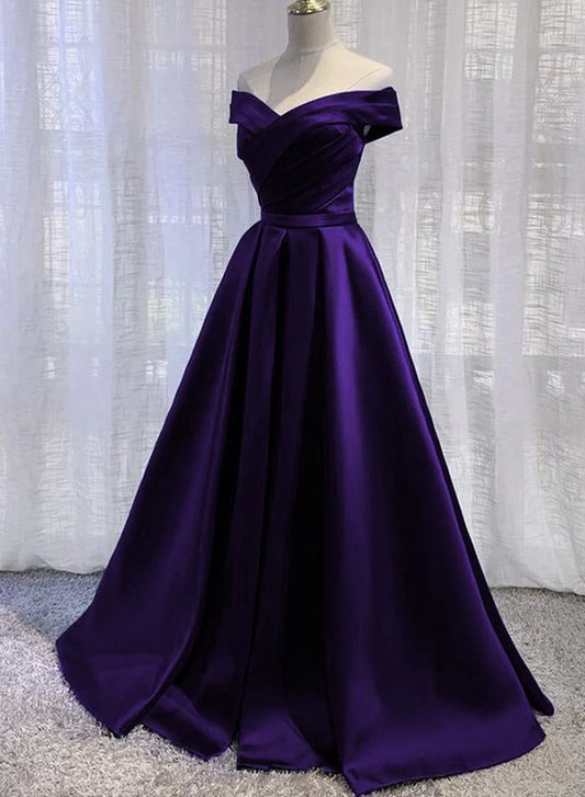 Purple Satin A-line Wedding Party Dress, Purple Long Prom Dress Evening Dress TP1276
