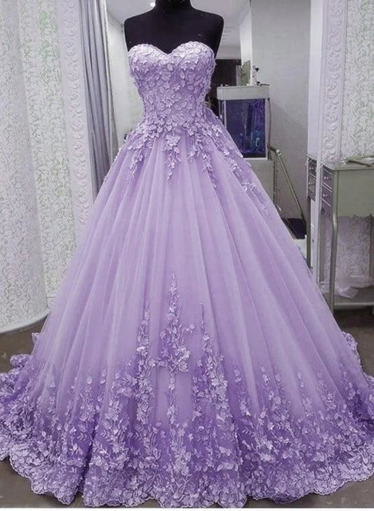 Lovely Lavender Tulle Ball Gown with Flower Lace Sweet 16 Dress, Lavender Wedding Party Dress TP1277