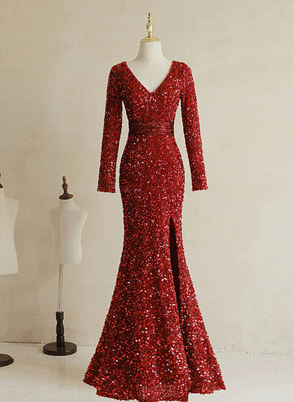 Wine Red Sequins Mermaid Long Sleeves Party Dress, Wine Red Long Prom Dress TP1281