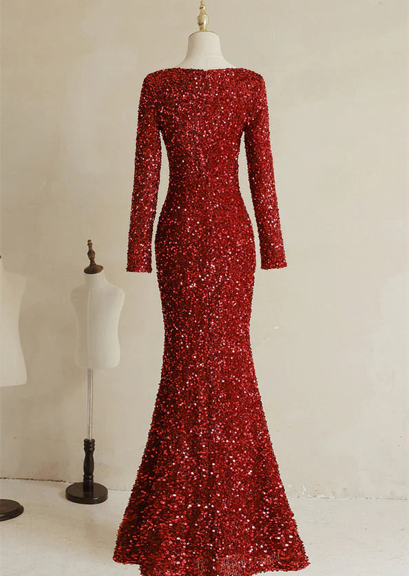 Wine Red Sequins Mermaid Long Sleeves Party Dress, Wine Red Long Prom Dress TP1281