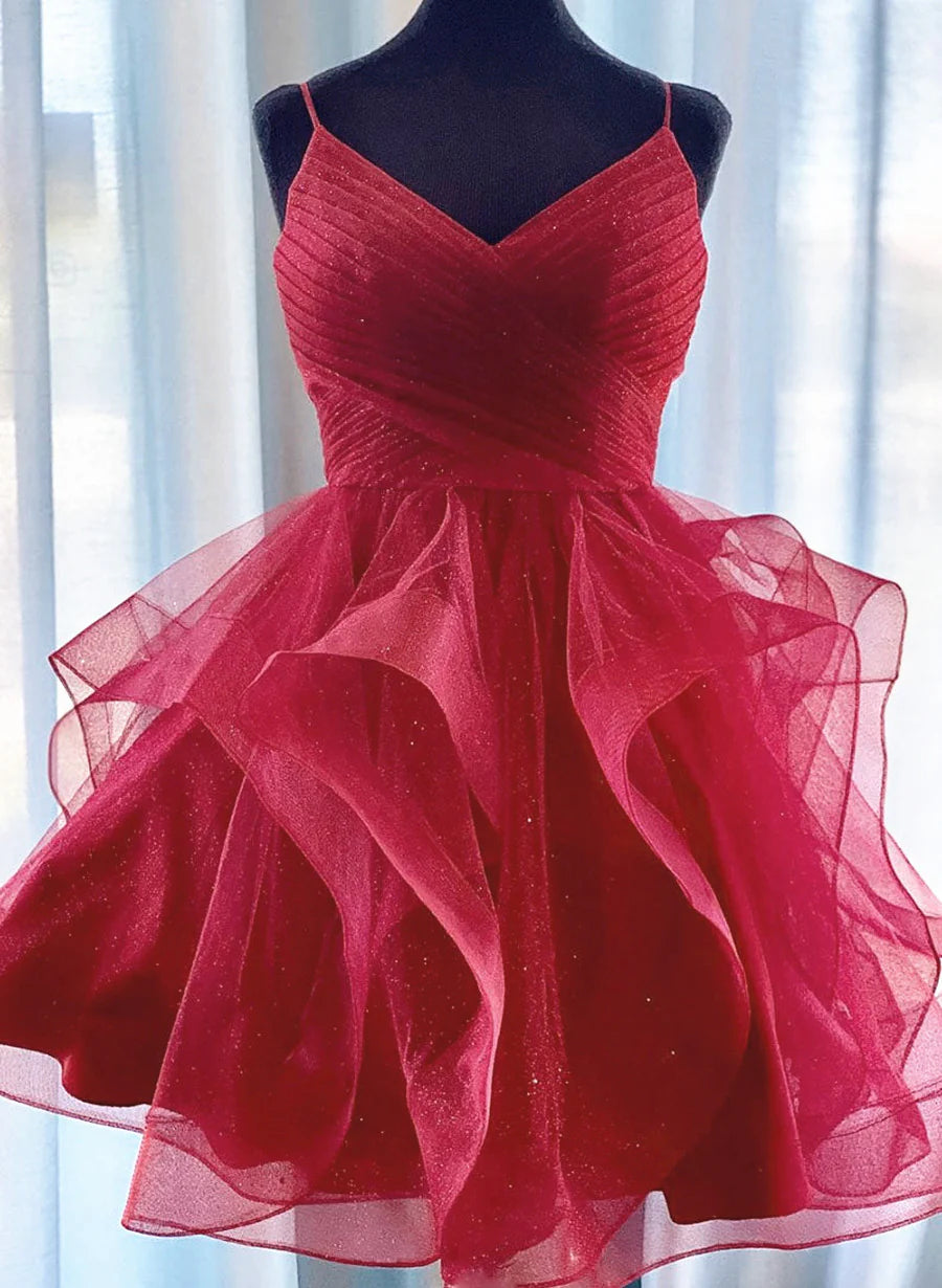 Burgundy V-neckline Knee Length Party Dres, Tulle Straps Homecoming Dress TP1282