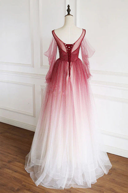 Dark Red Gradient Tulle Beaded Round Neckline Prom Dress, A-line Tulle Formal Dress TP1283