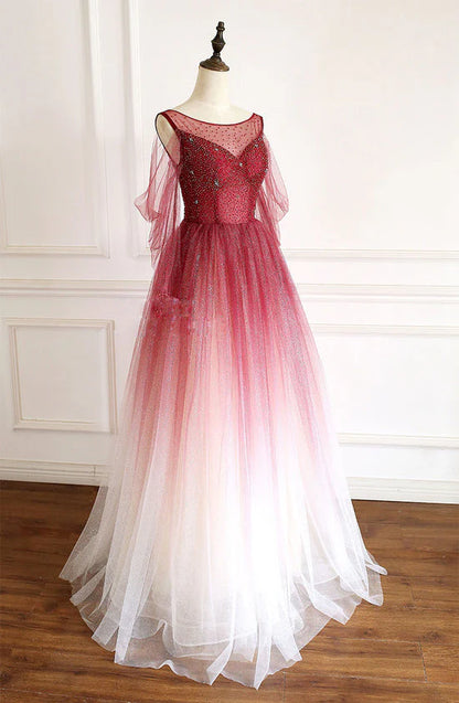 Dark Red Gradient Tulle Beaded Round Neckline Prom Dress, A-line Tulle Formal Dress TP1283