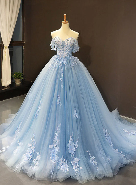 Blue Sweetheart Ball Gown Flowers Sweet 16 Dress, Blue Off Shoulder Wedding Party Dress TP1284
