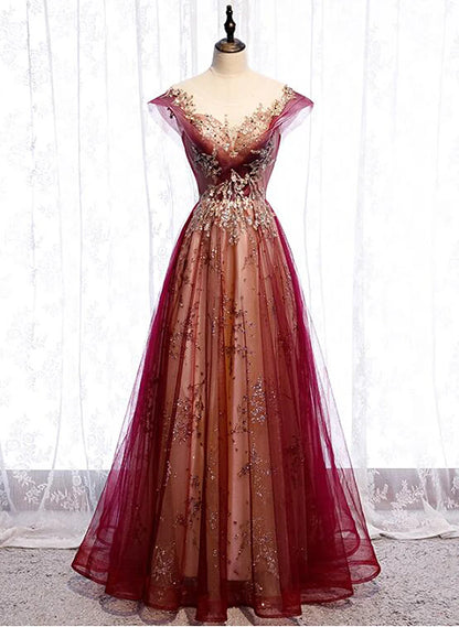 Gradient Wine Red Tulle Sweetheart A-Line Prom Dress, Charming Formal Dress TP1286