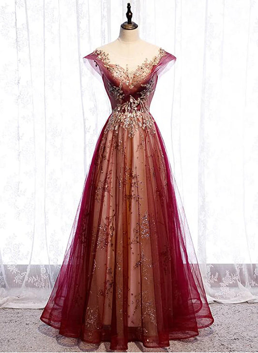 Gradient Wine Red Tulle Sweetheart A-Line Prom Dress, Charming Formal Dress TP1286