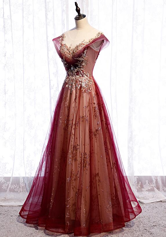 Gradient Wine Red Tulle Sweetheart A-Line Prom Dress, Charming Formal Dress TP1286