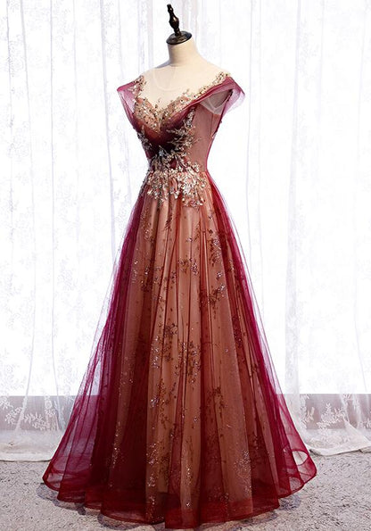 Gradient Wine Red Tulle Sweetheart A-Line Prom Dress, Charming Formal Dress TP1286
