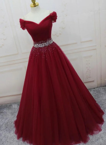 Wine Red Beaded Tulle Long Party Dress, Off Shoulder Wine Red Prom Dress TP1288