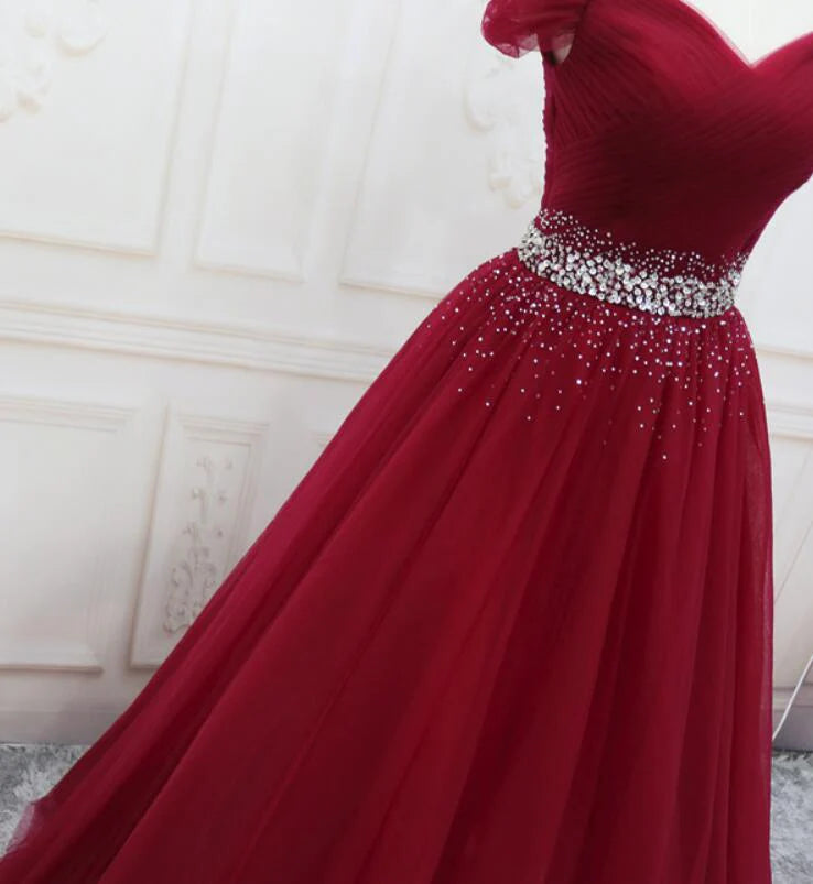 Wine Red Beaded Tulle Long Party Dress, Off Shoulder Wine Red Prom Dress TP1288