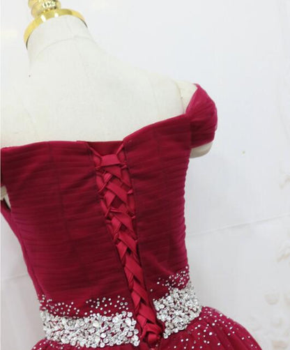 Wine Red Beaded Tulle Long Party Dress, Off Shoulder Wine Red Prom Dress TP1288