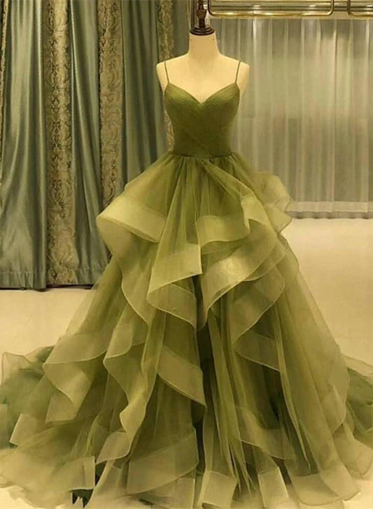 Green Straps Tulle Long Layers Formal Dress, Beautiful Green Floor Length Prom Dress TP1290