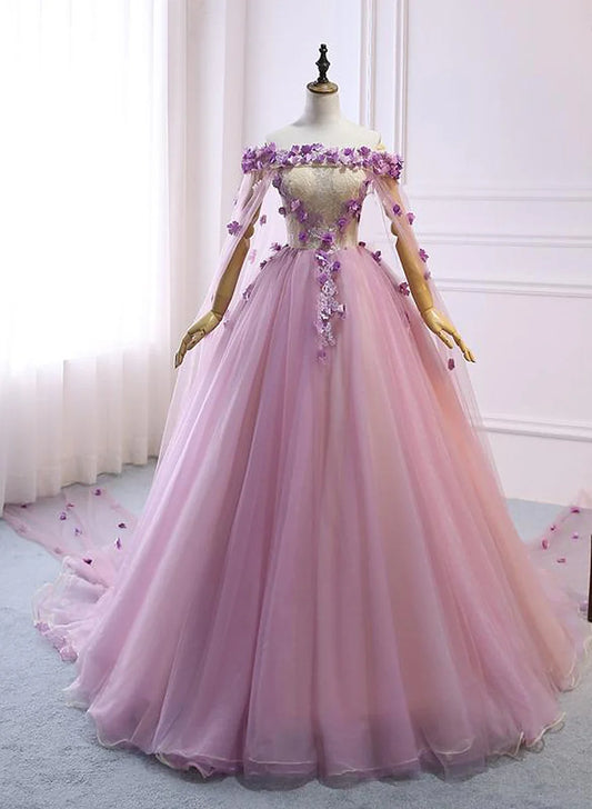 Pink Sweet 16 Tulle Formal Dress with Flowers, Pink Long Formal Dress TP1291