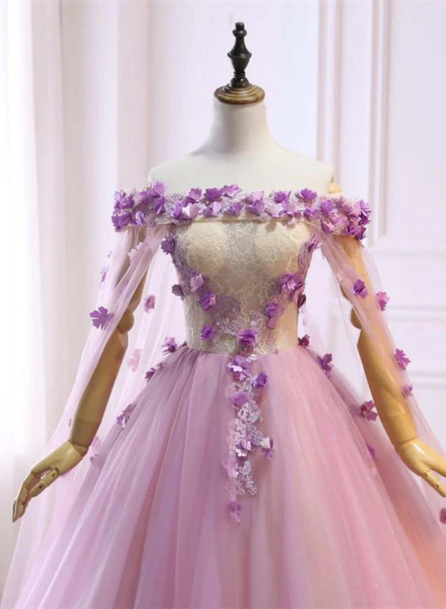 Pink Sweet 16 Tulle Formal Dress with Flowers, Pink Long Formal Dress TP1291