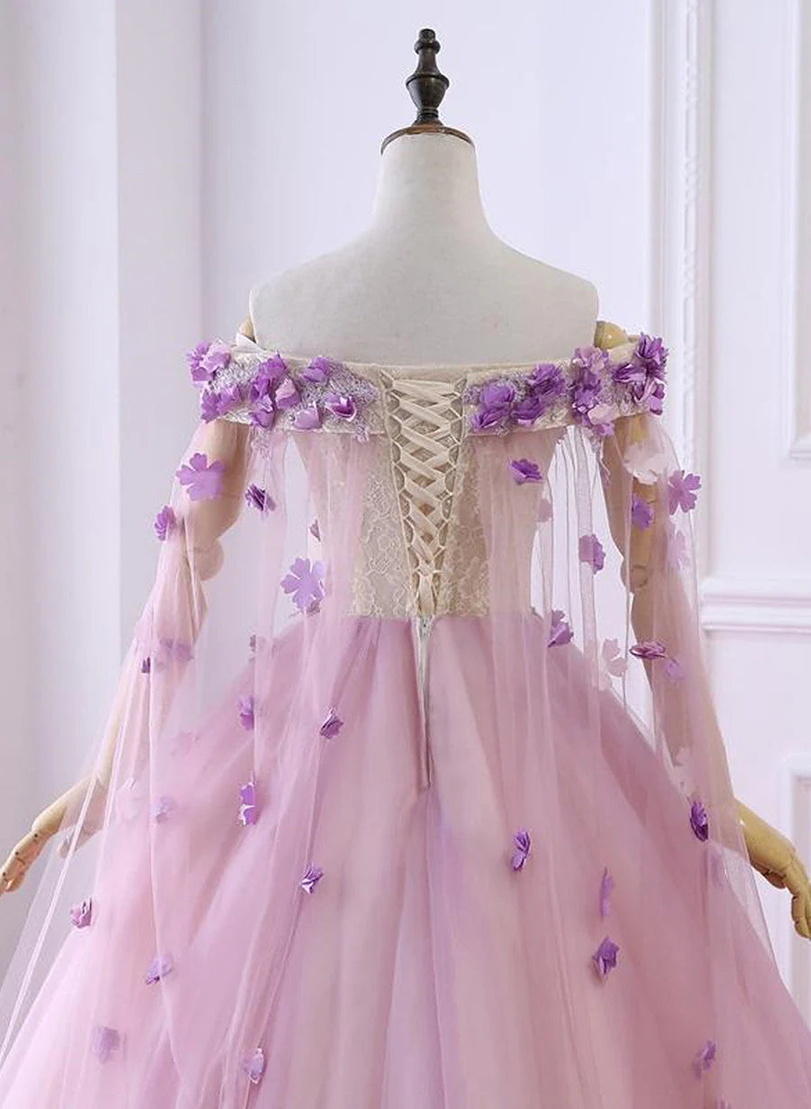 Pink Sweet 16 Tulle Formal Dress with Flowers, Pink Long Formal Dress TP1291