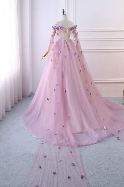 Pink Sweet 16 Tulle Formal Dress with Flowers, Pink Long Formal Dress TP1291