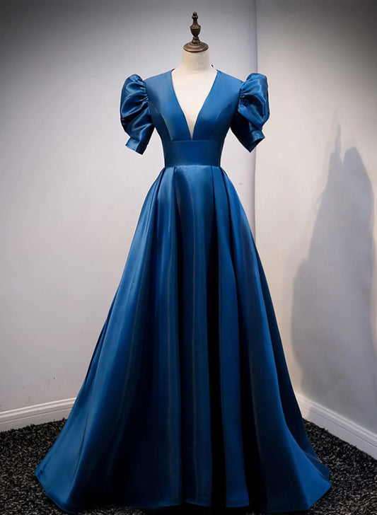 Blue Satin Long Simple Open Back Party Dress, Blue Floor Length Prom Dress TP1292