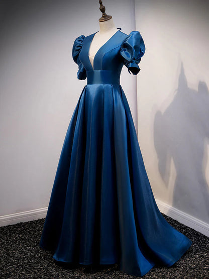 Blue Satin Long Simple Open Back Party Dress, Blue Floor Length Prom Dress TP1292