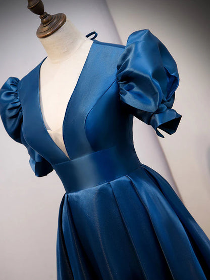 Blue Satin Long Simple Open Back Party Dress, Blue Floor Length Prom Dress TP1292