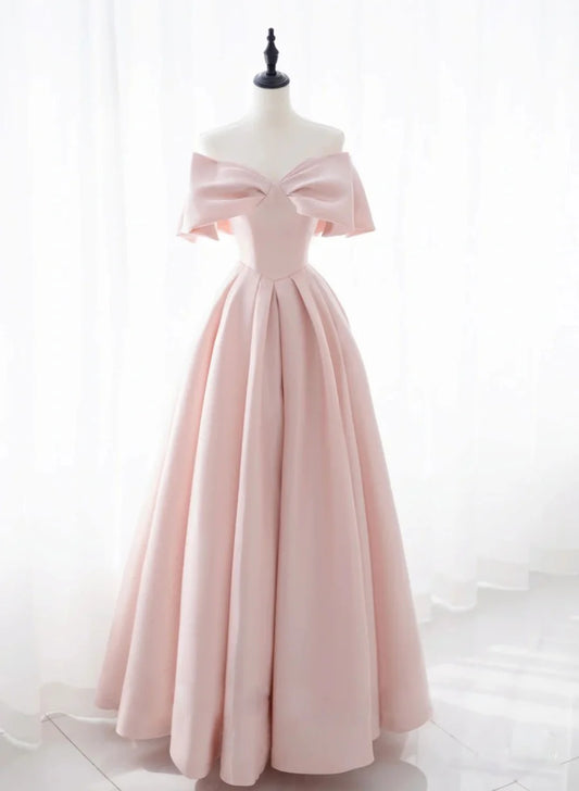 Pink Satin Sweetheart with Bow Party Dress, Pink Long Prom Dress TP1293