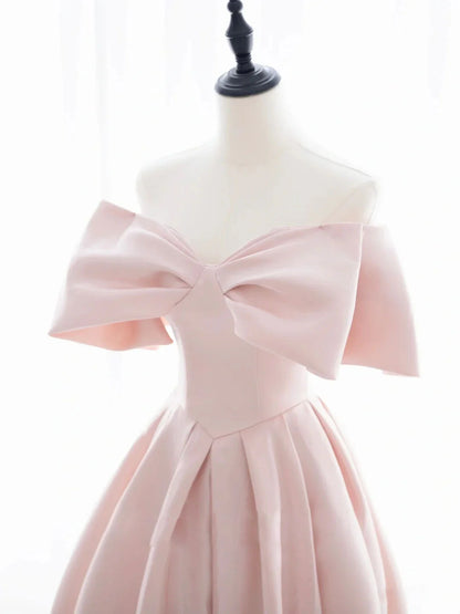 Pink Satin Sweetheart with Bow Party Dress, Pink Long Prom Dress TP1293
