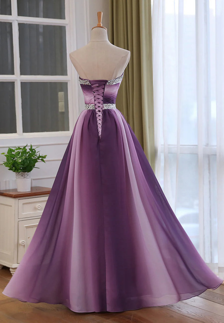 Chiffon Purple Gradient Beaded Sweetheart Prom Dress, A-line Chiffon Party Dress TP1294
