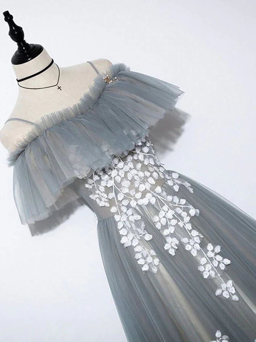 Grey Tulle with White Lace A-line Off Shoulder Party Dress, A-line Grey Evening Dress TP1299