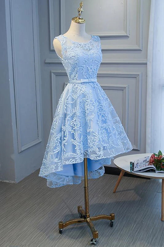 Blue Lace High Low Simple Round Neckline Party Dress, Blue Short Prom Dress TP1305