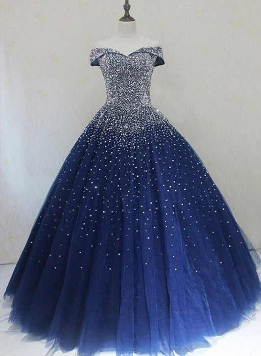 Blue Sequins Sweetheart Ball Gown Sweet 16 Gown, Blue Tulle Party Dress TP1306
