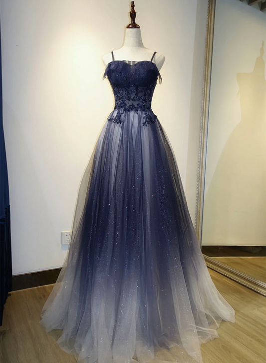 Gorgeous Ombré Navy Blue Sparkle Tulle Lace Applique Spaghetti Strap Prom Dress TP1309