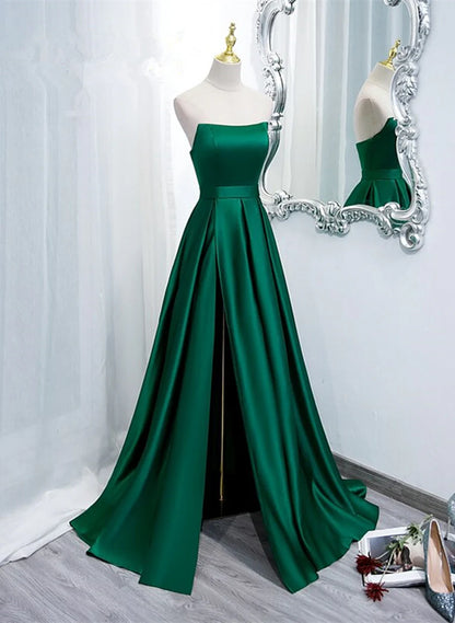 Simple Satin Green Long Evening Dress with Slit, Green A-line Prom Dress TP1313