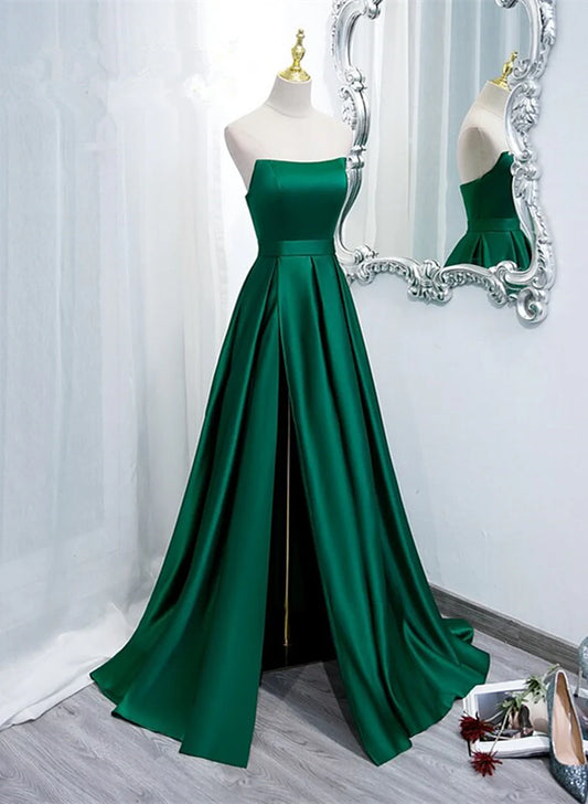 Simple Satin Green Long Evening Dress with Slit, Green A-line Prom Dress TP1313