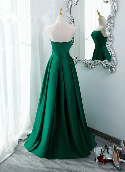 Simple Satin Green Long Evening Dress with Slit, Green A-line Prom Dress TP1313