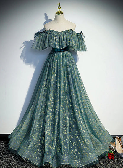 Green Off Shoulder A-line Tulle Long Formal Dress, Green Party Dress Prom Dress TP1315