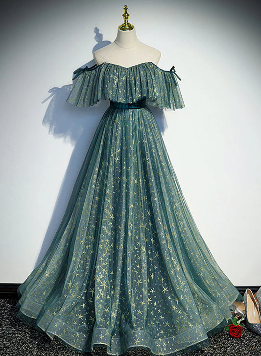 Green Off Shoulder A-line Tulle Long Formal Dress, Green Party Dress Prom Dress TP1315