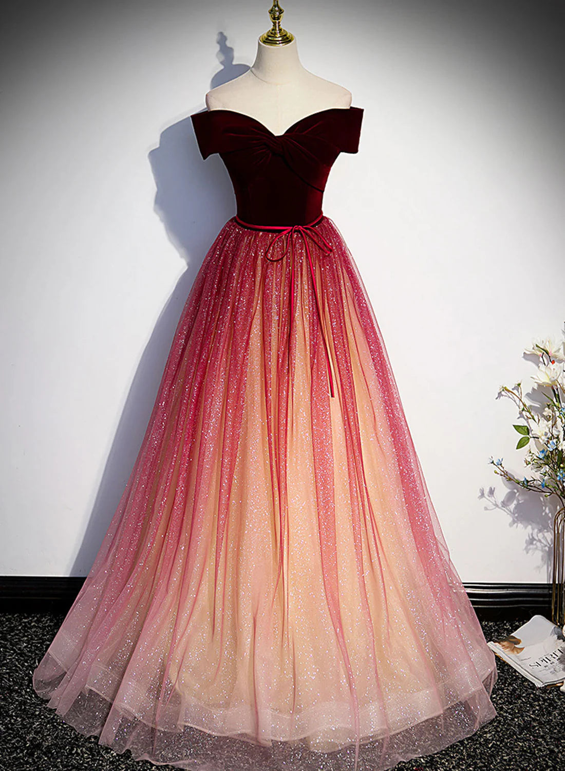 Wine Red Velvet and Tulle Off Shoulder Long Party Dress, Wine Red Junior Prom Dress TP1316