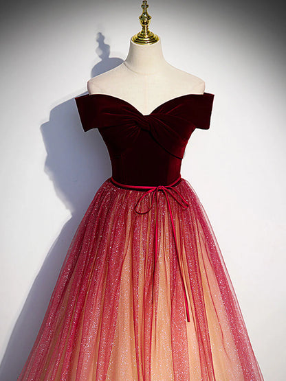 Wine Red Velvet and Tulle Off Shoulder Long Party Dress, Wine Red Junior Prom Dress TP1316