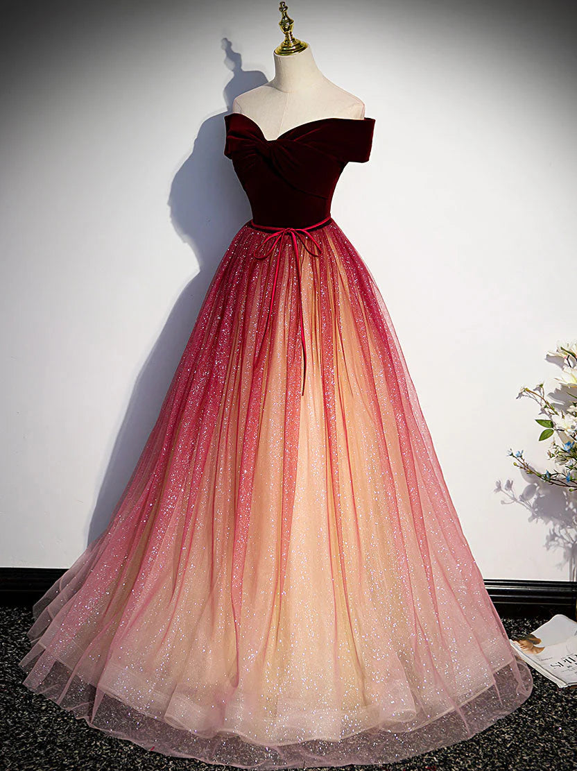 Wine Red Velvet and Tulle Off Shoulder Long Party Dress, Wine Red Junior Prom Dress TP1316