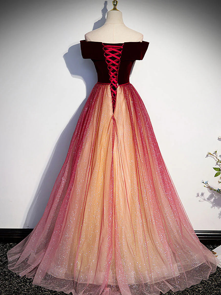 Wine Red Velvet and Tulle Off Shoulder Long Party Dress, Wine Red Junior Prom Dress TP1316