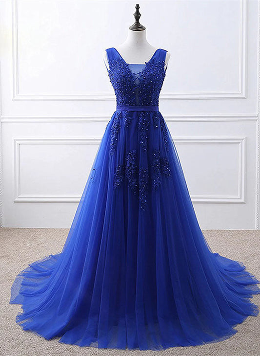 Royal Blue Tulle Long Party Dress with Lace Applique, Blue Evening Party Dress TP1318
