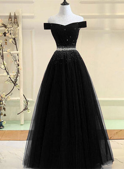 Black Beaded Off Shoulder Tulle Long Party Dress, Black A-line Prom Dress TP1319