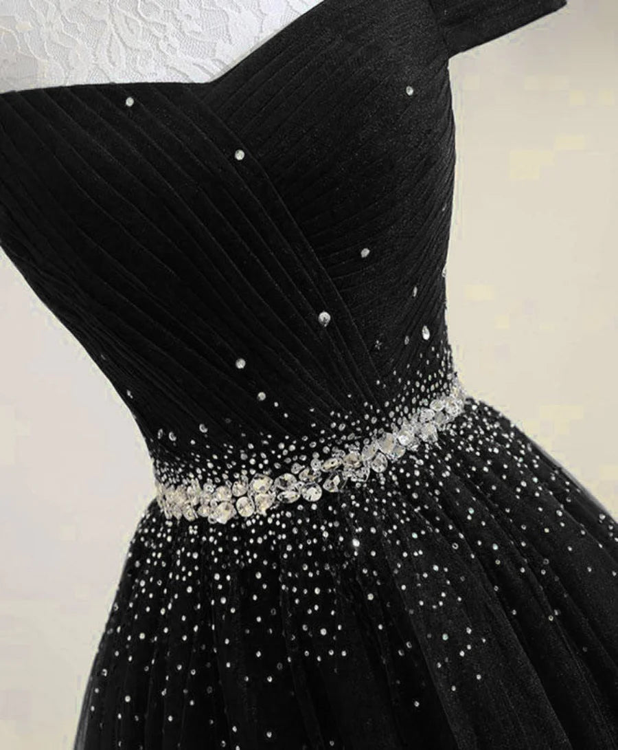 Black Beaded Off Shoulder Tulle Long Party Dress, Black A-line Prom Dress TP1319