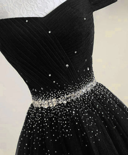 Black Beaded Off Shoulder Tulle Long Party Dress, Black A-line Prom Dress TP1319