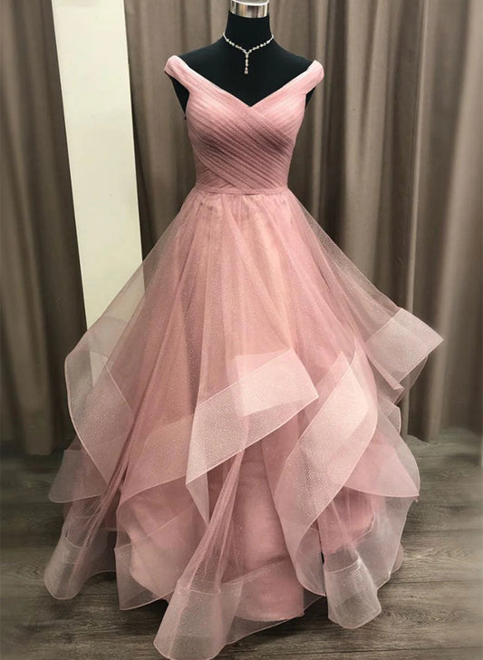 Pink Tulle Layers Long Formal Dress, Pink Tulle A-line Prom Dress TP1320