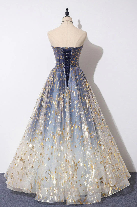 Blue Tulle A-line Gradient Long Formal Dress, A-line Blue Evening Dress Prom Dress TP1322