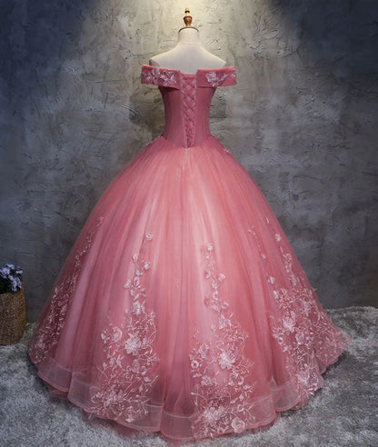 Dark Pink Princess Flowers Off Shoulder Sweet 16 Dress, Pink Formal Gown TP1323