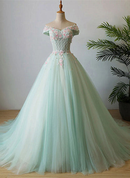 Light Green Flowers Beaded Off Shoulder Party Dress, Green Evening Prom Dress TP1324