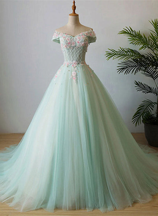 Light Green Flowers Beaded Off Shoulder Party Dress, Green Evening Prom Dress TP1324