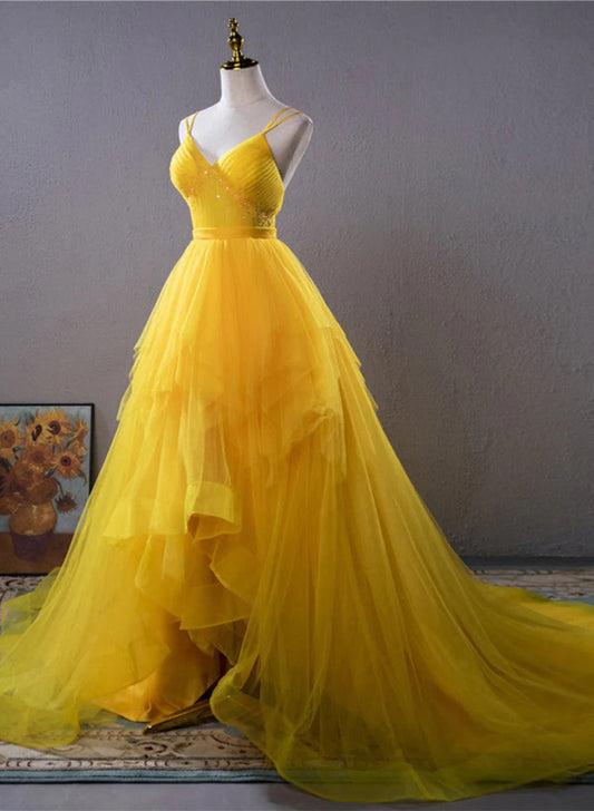 Light Yellow Layers Tulle Long Party Dress, High Low Yellow Formal Evening Dress TP1326