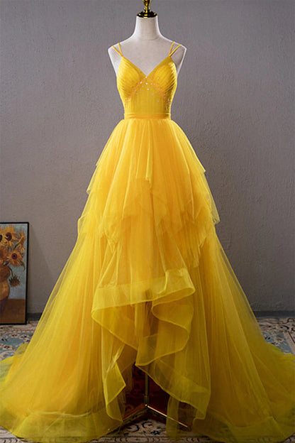 Light Yellow Layers Tulle Long Party Dress, High Low Yellow Formal Evening Dress TP1326